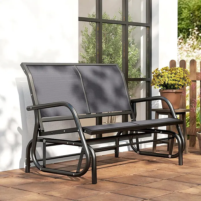Furnicato Gartenbank Texteline - B x T x H: 70 x 120 x 85 cm, Metall, Texteline-Gewebe, Grau - Outdoor-Gleiter-Sitzbank aus schwarzem Metall mit grauen Netzlehnen und Sitzen, auf einer Terrasse.