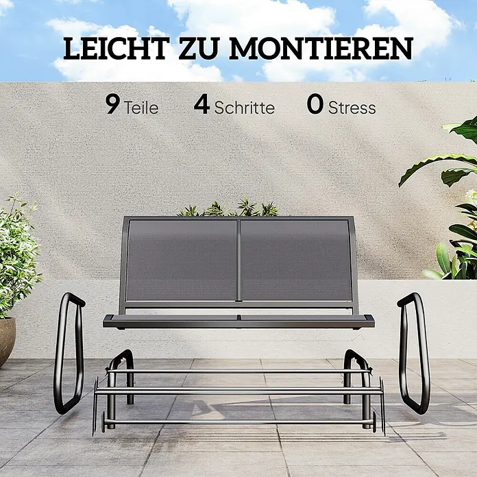 Furnicato Gartenbank Texteline - B x T x H: 70 x 120 x 85 cm, Metall, Texteline-Gewebe, Grau - Explosionsansicht einer dunkelgrauen Metall-Outdoorbank oder eines Pflanzgefäßes, zeigt leichte Montage (9 Teile, 4 Schritte, 0 Stress) auf einer Terrasse.