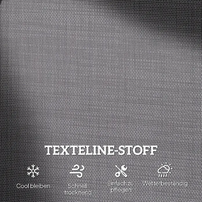 Furnicato Gartenbank Texteline - B x T x H: 70 x 120 x 85 cm, Metall, Texteline-Gewebe, Grau - Nahaufnahme von dunkelgrauem Textilene-Stoff mit Icons und Text: kühlend, schnell trocknend, pflegeleicht, wetterbeständig.