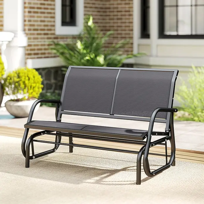 Furnicato Gartenbank Texteline - B x T x H: 70 x 120 x 85 cm, Metall, Texteline-Gewebe, Grau - Dunkelgraue Zweisitzer-Metallschaukelbank mit Netzgewebe für Sitz und Rückenlehne, auf einer Außenterrasse.