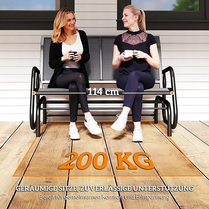 Furnicato Gartenbank Texteline - B x T x H: 70 x 120 x 85 cm, Metall, Texteline-Gewebe, Grau - Zwei Frauen sitzen auf einer geräumigen schwarzen Metall-Gartenbank für zwei Personen auf einer Holzterrasse, konzipiert für Komfort und Halt.