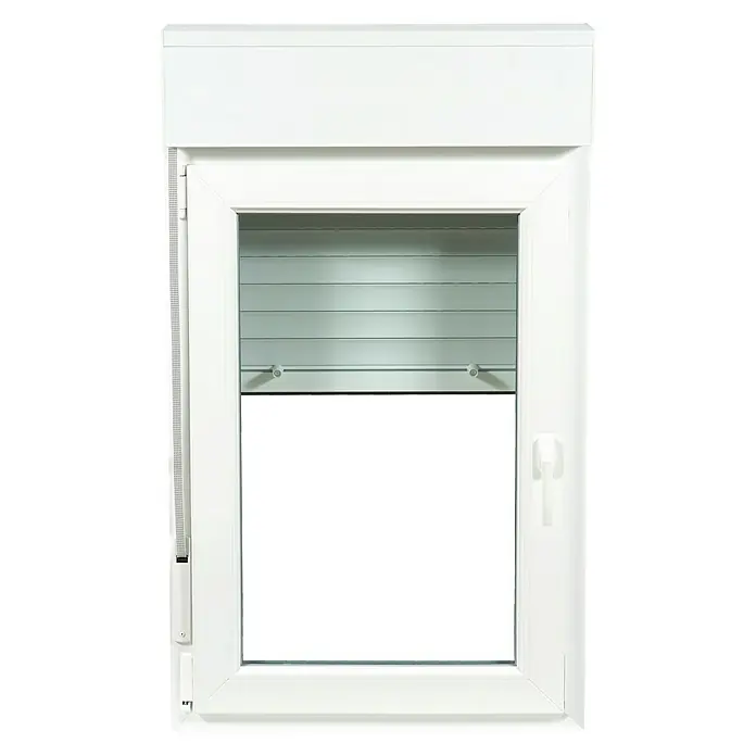 Solid Elements Ventana de PVC practicable-oscilobatiente - 70 x 118 cm, Izquierda, Blanco - Primer plano de una ventana blanca con una persiana enrollable parcialmente bajada, que permite la entrada de luz natural.