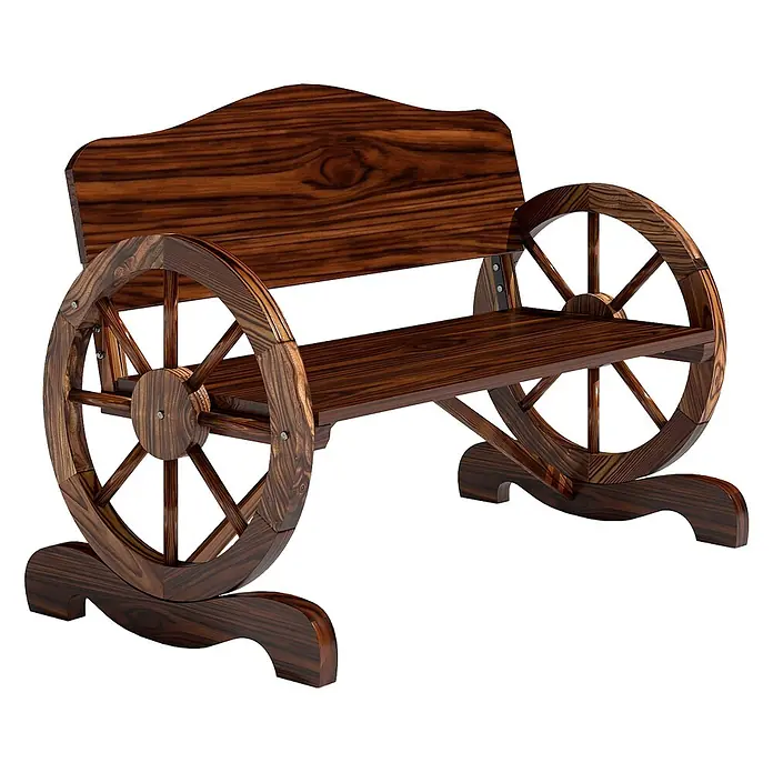 Furnicato Gartenbank - B x T x H: 110 x 55 x 80 cm, Tannenholz, Verkohlt - Dunkelbraune Holzbank mit Wagenradseiten und einem dekorativ geschnitzten Sockel.