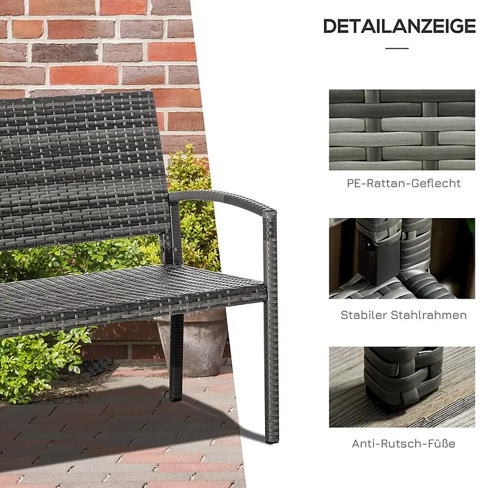 Furnicato Gartenbank PE-Rattan - B x T x H: 60 x 122 x 87 cm, Polyrattan, Braun - Dunkelgraue PE-Rattan-Gartenbank mit stabilem Stahlrahmen und Anti-Rutsch-Füßen.