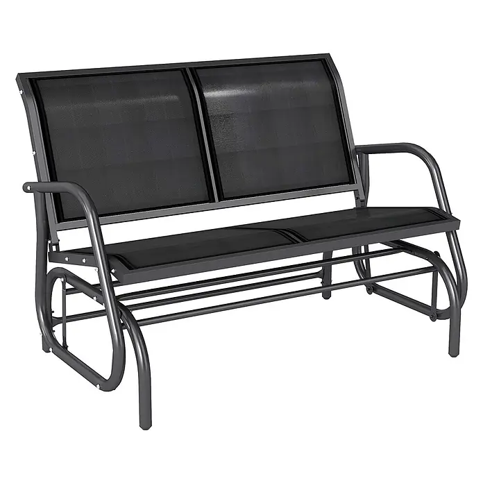 Outsunny Gartenbank Schaukelbank, Schwarz, 120cm x 70cm x 85cm - Metall, Netzstoff, Schwarz - Dunkelgraue Metall-Zweisitzer-Gartenwippbank mit schwarzen Netzsitzen und Rückenlehnen.