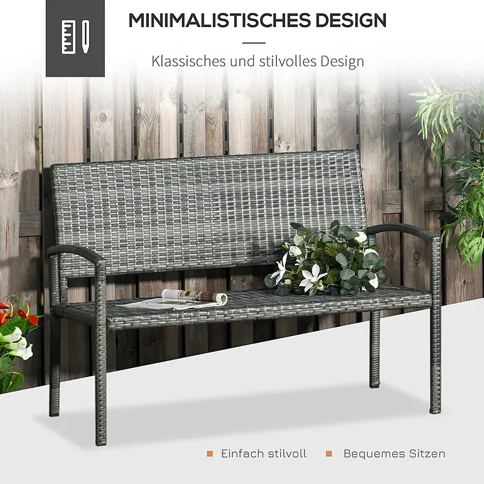 Furnicato Gartenbank PE-Rattan - B x T x H: 60 x 122 x 87 cm, Polyrattan, Braun - Graue Polyrattan Gartenbank mit Armlehnen, für den Außenbereich.
