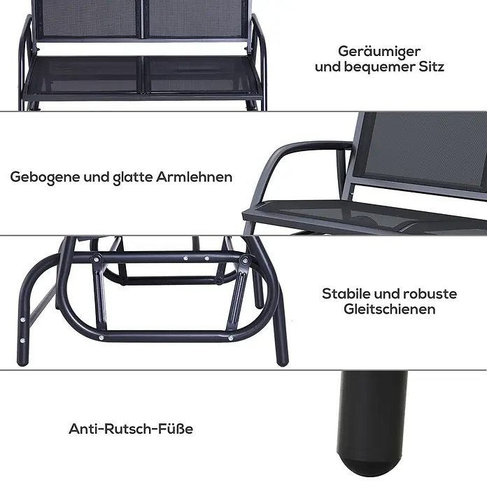 Outsunny Gartenbank Schaukelbank, Schwarz, 120cm x 70cm x 85cm - Metall, Netzstoff, Schwarz - Dunkelgraue Metall-Gartenschaukelbank mit Netzgewebe-Sitz und -Rückenlehne, gebogenen Armlehnen, stabiler Gleitmechanik und Anti-Rutsch-Füßen.