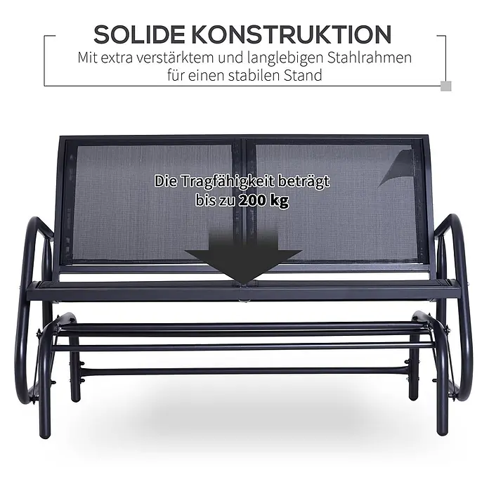 Outsunny Gartenbank Schaukelbank, Schwarz, 120cm x 70cm x 85cm - Metall, Netzstoff, Schwarz - Dunkelgraue Stahlschaukelbank mit solider Konstruktion, verstärktem Rahmen und 200 kg Tragfähigkeit.