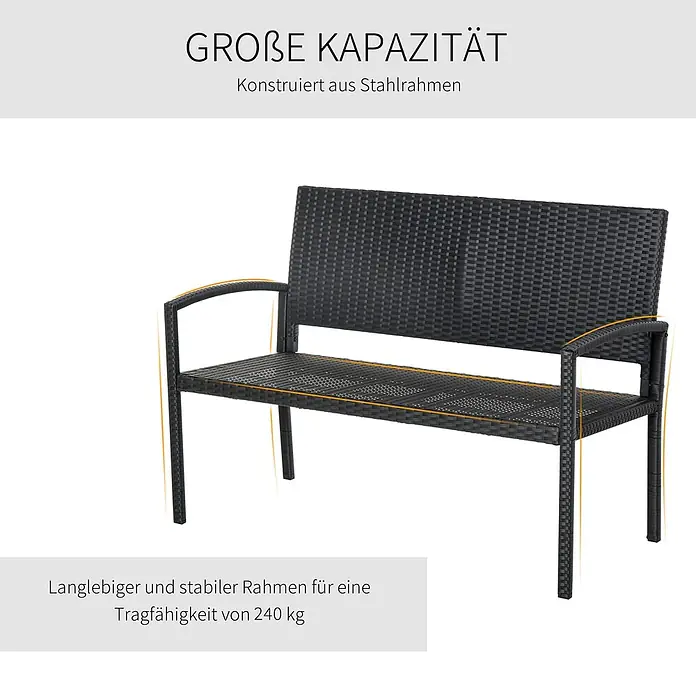 Furnicato Gartenbank PE-Rattan - B x T x H: 60 x 122 x 85 cm, Polyrattan, Schwarz - Schwarze Rattan-Gartenbank mit Stahlrahmen, robust und bis 240 kg belastbar.