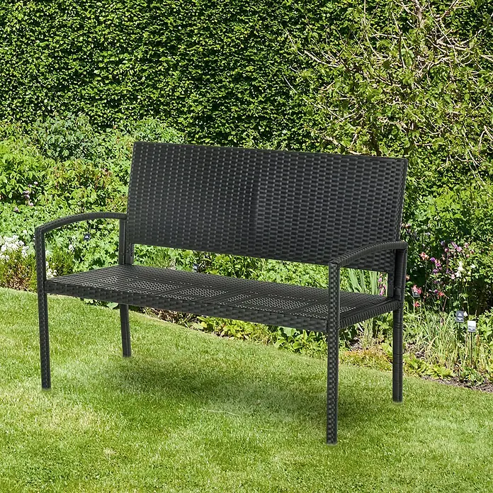 Furnicato Gartenbank PE-Rattan - B x T x H: 60 x 122 x 85 cm, Polyrattan, Schwarz - Schwarze Gartenbank im Rattan-Stil auf grünem Gras in einer Gartenumgebung.