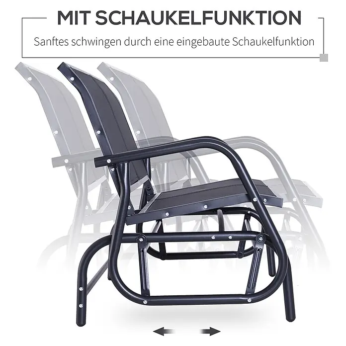 Outsunny Gartenbank Schaukelbank, Schwarz, 120cm x 70cm x 85cm - Metall, Netzstoff, Schwarz - Schwarzer Metall-Schaukelstuhl mit Textilbezug, der seine Schaukelfunktion in Bewegung darstellt.