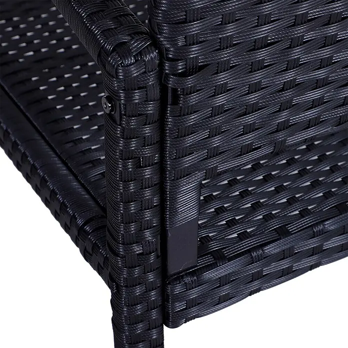 Furnicato Gartenbank PE-Rattan - B x T x H: 60 x 122 x 85 cm, Polyrattan, Schwarz - Nahaufnahme von schwarzen geflochtenen Outdoor-Möbeln aus Polyrattan, die das Material und eine verschraubte Eckverbindung zeigt.