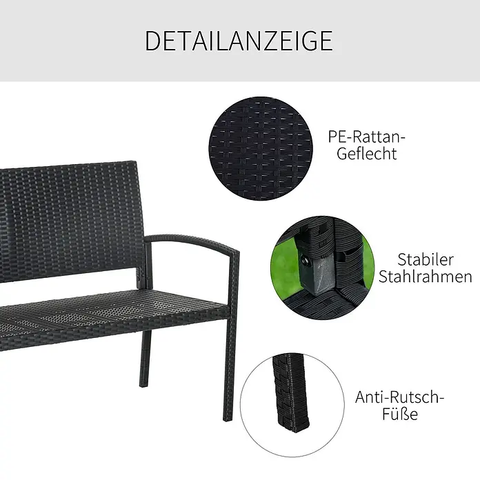 Furnicato Gartenbank PE-Rattan - B x T x H: 60 x 122 x 85 cm, Polyrattan, Schwarz - Schwarze PE-Rattan Gartenbank, die ihren stabilen Stahlrahmen und rutschfeste Füße zeigt.