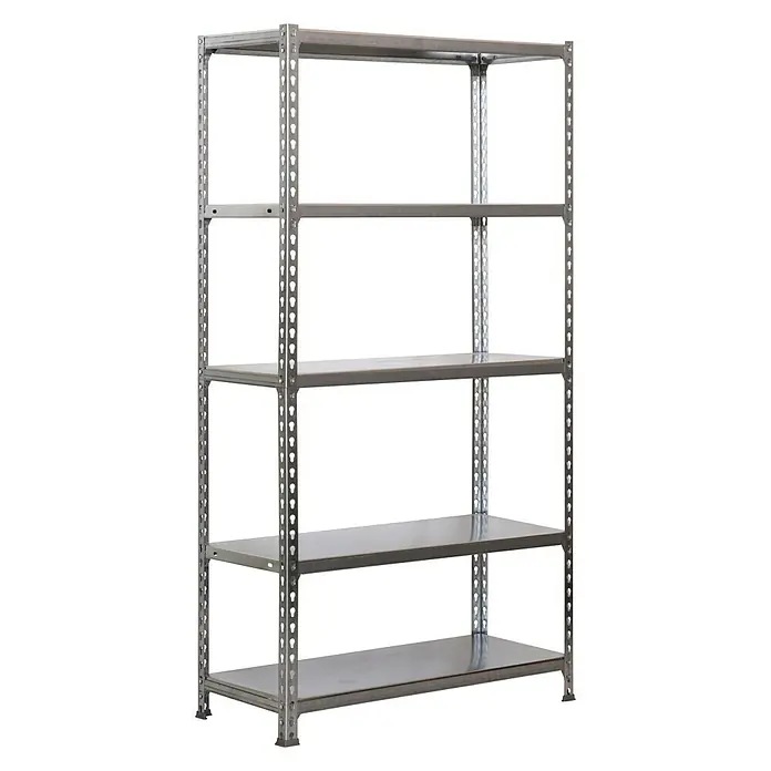 Simonrack Simonclick Estantería metálica Mini - Al x An x Pr: 180 x 80 x 30 cm, Capacidad de carga por balda: 180 kg, Número de baldas: 5 ud., Inserción, Galvanizado - Imagen de una estantería metálica resistente de cinco niveles, ideal para el almacenamiento y la organización en un almacén o sótano.