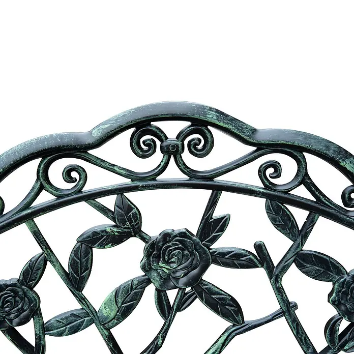 Furnicato Gartenbank Gussaluminium Antik-Grün - B x T x H: 54 x 100 x 78 cm, Aluminium/Gußeisen, Antik Grün - Verziertes dunkelgrünes Metallpaneel mit Rosen- und Rankenmotiven, eventuell eine Gartenbanklehne oder Gitterdetail.