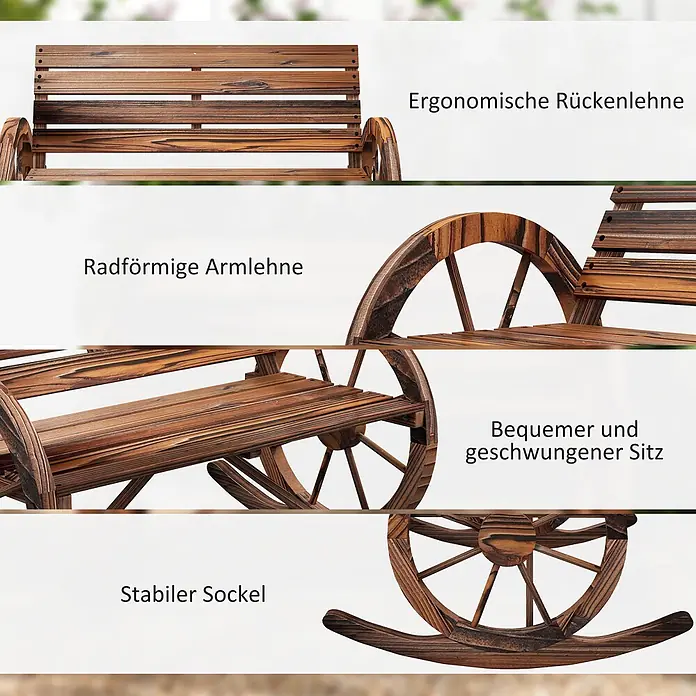 Furnicato Gartenbank karbonisiertes Tannenholz - B x T x H: 88 x 105 x 74 cm, Tannenholz, Verkohlt - Holzschaukelbank für den Garten mit ergonomischer Rückenlehne, radförmigen Armlehnen und bequemer, geschwungener Sitzfläche.