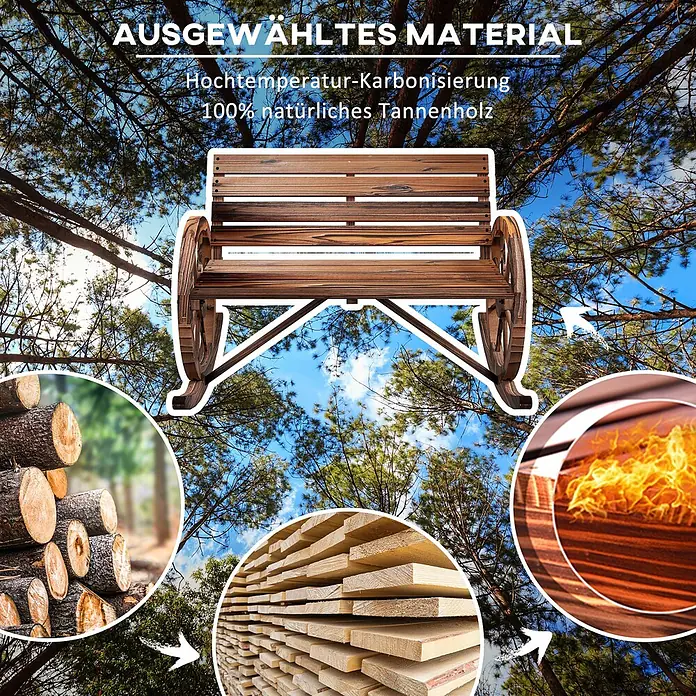 Furnicato Gartenbank karbonisiertes Tannenholz - B x T x H: 88 x 105 x 74 cm, Tannenholz, Verkohlt - Dunkelbraune hochtemperatur-karbonisierte Tannenholzbank, mit Rohstämmen und behandelten Brettern gezeigt.