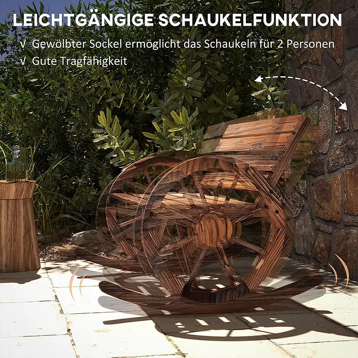 Furnicato Gartenbank karbonisiertes Tannenholz - B x T x H: 88 x 105 x 74 cm, Tannenholz, Verkohlt - Zweisitzige Holz-Schaukelbank in dynamischer Schaukelbewegung auf einer Terrasse.