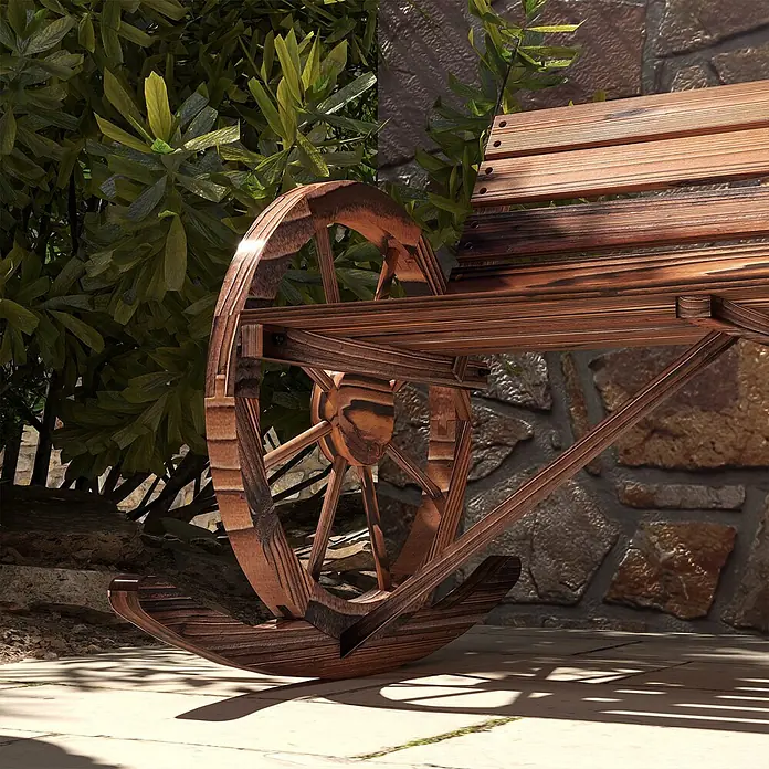 Furnicato Gartenbank karbonisiertes Tannenholz - B x T x H: 88 x 105 x 74 cm, Tannenholz, Verkohlt - Dunkle Holz-Schaukelbank mit großen Wagenrad-Seiten, auf einer Terrasse zwischen Grünpflanzen.