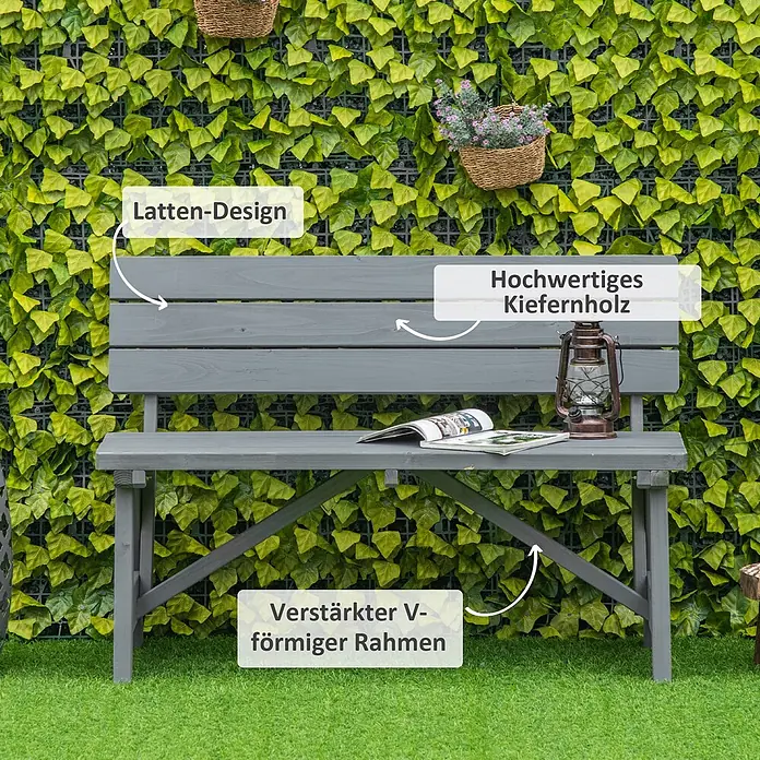 Outsunny Gartenbank - B x T x H: 56 x 56 x 80 cm, Kiefernholz, Grau - Eine graue Gartenbank aus hochwertigem Kiefernholz mit Latten-Design und verstärktem V-Rahmen.