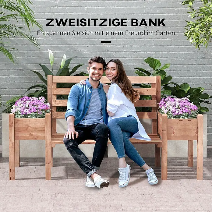 Outsunny Gartenbank - Tannenholz, Braun - Zweisitzige Holzgartenbank mit integrierten Pflanzgefäßen, auf der zwei Personen in einer natürlichen Umgebung entspannen.