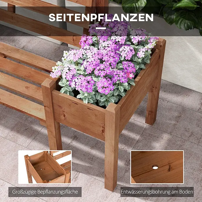 Outsunny Gartenbank - Tannenholz, Braun - Hölzerner Blumenkasten mit lila Blüten, in eine Holzbank integriert. Einsätze zeigen das Innere des Kastens und ein Abflussloch.