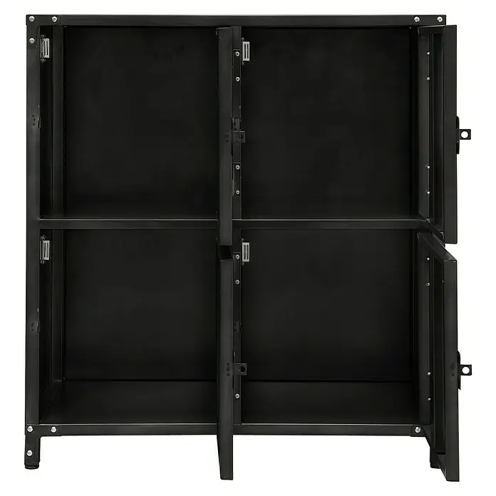 Metall-Mehrzweckschrank Vintage Industrial Style - 35 x 75 x 82,5 cm, Anzahl Türen: 4 Stk., Anzahl Fächer: 4 Stk. - Schwarzer Metallschrank mit offenen Fächern und einer geöffneten Tür, der industriellen Stil und Funktionalität vereint.