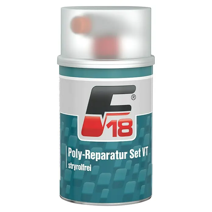 F18 Poly-Reparatur-Set - 800 g - Dose Poly-Reparatur Set VT, ein styrolfreies Produkt zur einfachen Reparatur von Kunststoffoberflächen im Haushalt und für Hobbyanwendungen.