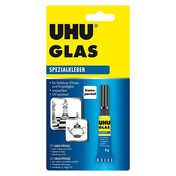 UHU Spezialkleber Glas - 2 g - Abbildung des UHU Glas Spezialklebers, ideal zum Kleben von Glas und Kristall, wasserfest und UV-beständig.