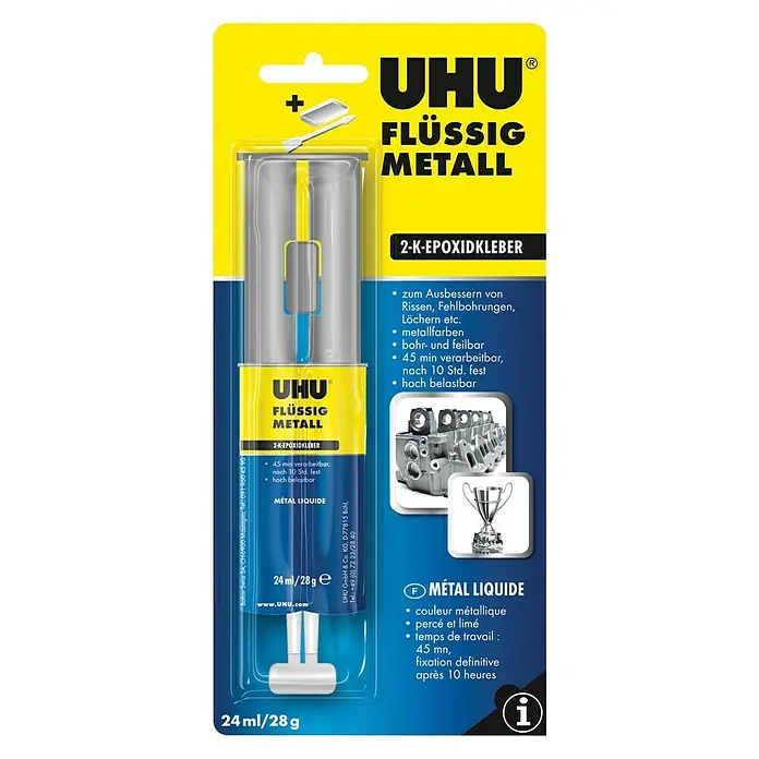 UHU Flüssig-Metall - 24 ml - UHU Flüssigmetall 2-K-Epoxidkleber: Zum Ausbessern von Rissen, Fehlbohrungen, Löchern etc. Metallfarben, bohr- und feilbar. Inhalt: 24 ml/28 g.