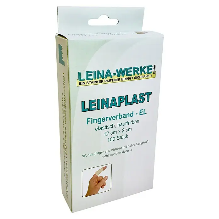 Leina-Werke Fingerverband - 100 Stk., 12 x 2 cm, Elastisch - Eine Packung Leina-Werke Leinaplast Fingerverbände EL, elastische, hautfarbene Fingerverbände in der Größe 12 cm x 2 cm, 100 Stück.