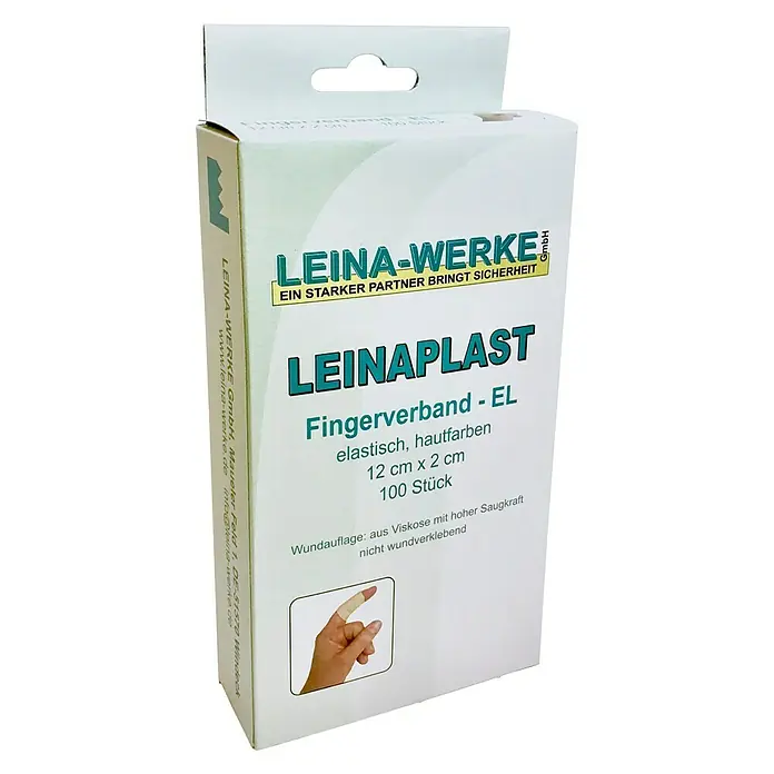 Leina-Werke Fingerverband100 Stk., 12 x 2 cm, Elastisch - Eine Packung Leina-Werke Leinaplast Fingerverbände EL, elastische, hautfarbene Fingerverbände in der Größe 12 cm x 2 cm, 100 Stück.