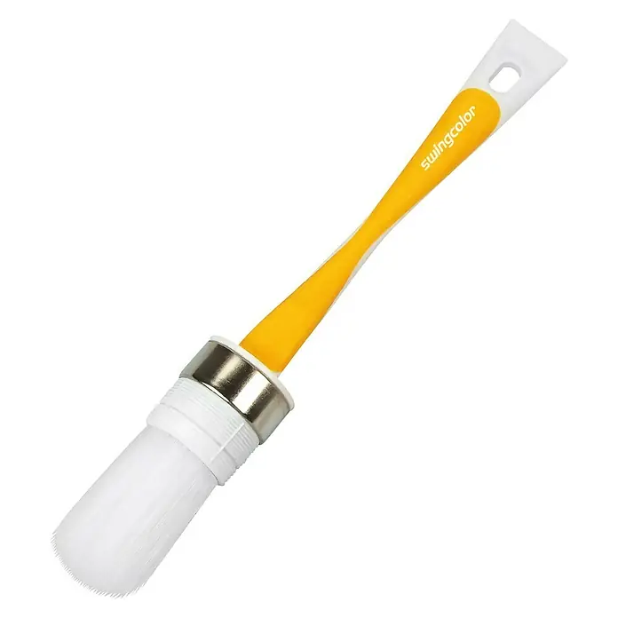 swingcolor Komfort Ringpinsel Ergo - Größe Pinsel: 6, All-in-one-Borsten, Kunststoff - Nahaufnahme eines Swingcolor Heizkörperpinsels mit gelbem Griff und weißen Borsten. Ideal für Heizkörperlackierungen.