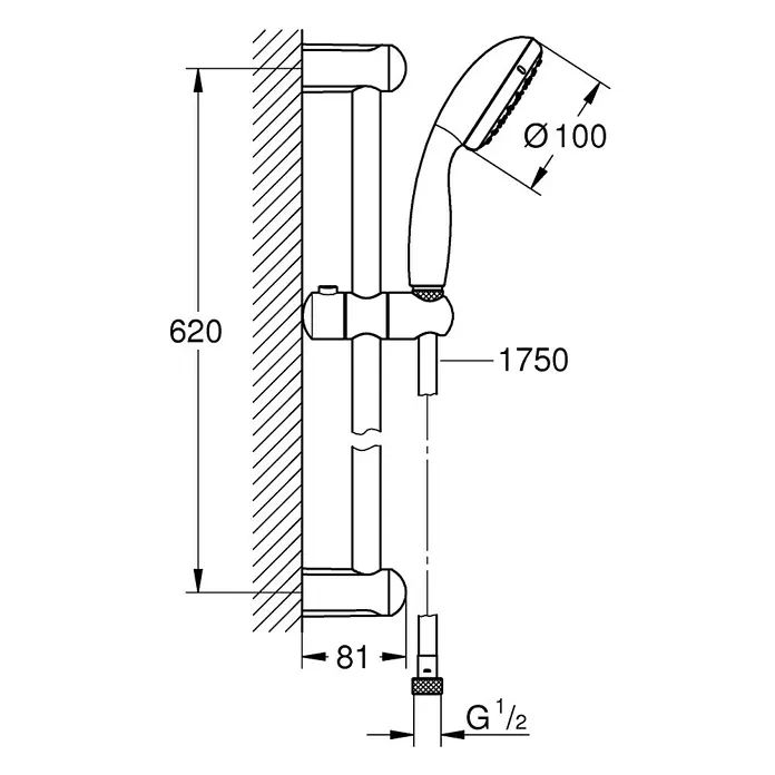Grohe Tempesta 100 Brausegarnitur - Lochabstand: 62 cm, Art Strahl: Rain, Chrom, Anzahl Strahlarten: 1 Stk. - Technische Zeichnung einer Duschgarnitur mit den Maßen 620mm Höhe, 100mm Durchmesser Kopf und 1750mm Schlauchlänge.