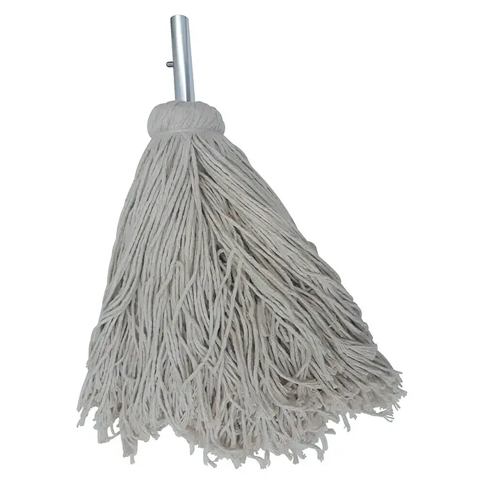 Fregona - Algodón - Primer plano de una fregona de cuerdas de algodón con mango metálico, ideal para limpiar diversas superficies.