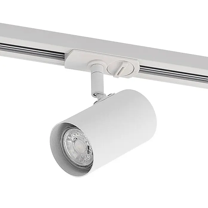 Lindby LED-Spannseilsystem Linaro - L x B x H: 11,7 x 6 x 12,5 cm, weiß / opal, weiß / opal - Weiße verstellbare zylindrische LED-Schieneleuchte an einer weißen Schiene montiert.
