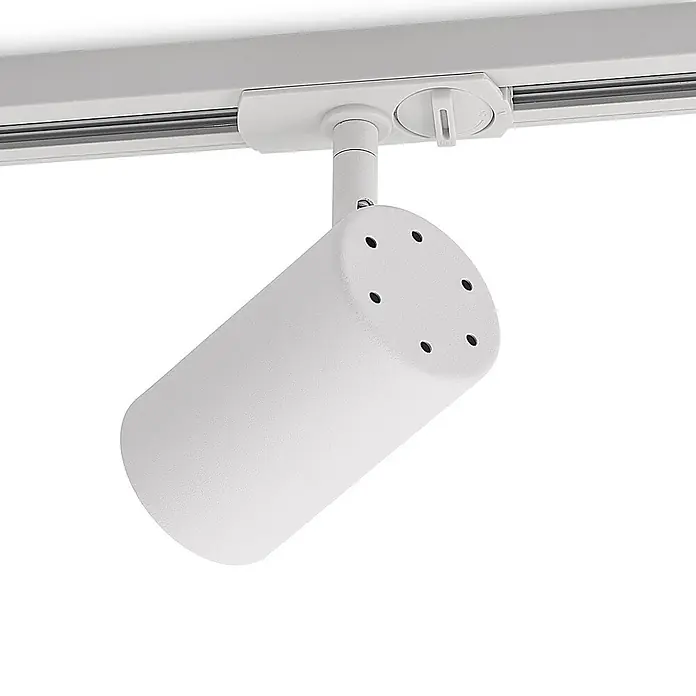 Lindby LED-Spannseilsystem Linaro - L x B x H: 11,7 x 6 x 12,5 cm, weiß / opal, weiß / opal - Weißer zylindrischer Strahler mit strukturierter Oberfläche, an einer Stromschiene befestigt.