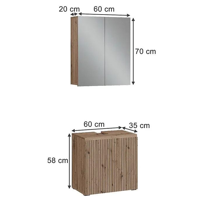 Vicco Badmöbel-Set Takumi Artisan 2 Teile - Artisan-Eiche, Matt - Zwei Badezimmermöbel: ein 60x20x70 cm Spiegelschrank und ein 60x35x58 cm Waschtischunterschrank in Holzoptik.