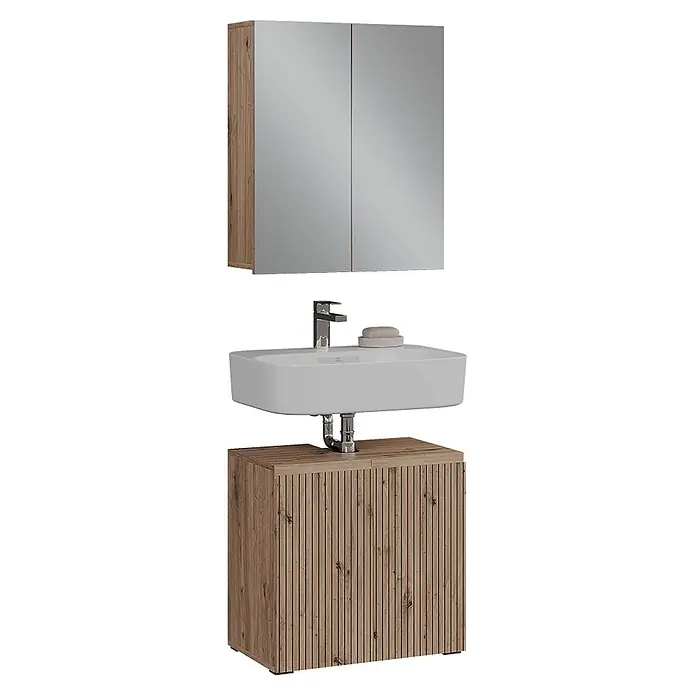 Vicco Badmöbel-Set Takumi Artisan 2 Teile - Artisan-Eiche, Matt - Badezimmer-Waschtischunterschrank in Holzoptik mit gerippter Front, weißem Keramikwaschbecken und passendem Spiegelschrank.