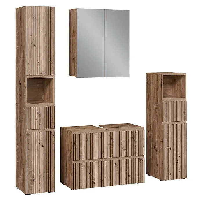 Vicco Badmöbel-Set Takumi Artisan 4 Teile - Gesamtbreite Badmöbel: 140 cm, Artisan-Eiche, Matt - Badezimmermöbel-Set in hellem Holzdekor mit Lamellenfronten: Hochschränke, Waschtischunterschrank, Spiegelschrank.