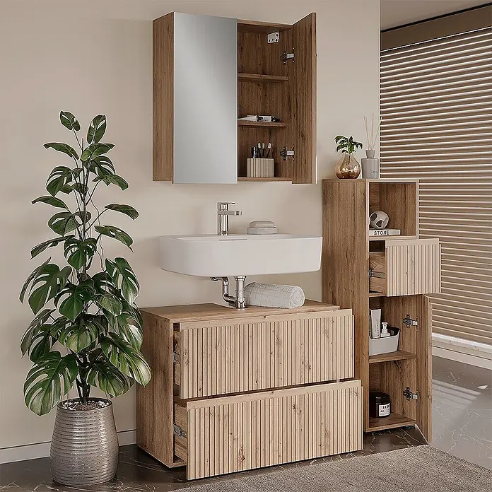 Vicco Badmöbel-Set Takumi Artisan 3 Teile - Gesamtbreite Badmöbel: 110 cm, Artisan-Eiche, Matt - Badezimmermöbel-Set aus hellem, gebürstetem Holz mit Waschbecken, Spiegelschrank und Hochschrank.