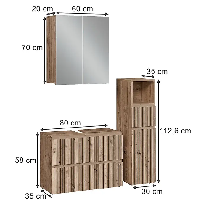 Vicco Badmöbel-Set Takumi Artisan 3 Teile - Gesamtbreite Badmöbel: 110 cm, Artisan-Eiche, Matt - Badezimmermöbel-Set mit Spiegelschrank, Waschtischunterschrank und hohem Schrank in hellbrauner Holzoptik mit vertikalen Lamellen.