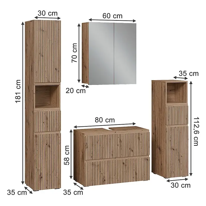 Vicco Badmöbel-Set Takumi Artisan 4 Teile - Gesamtbreite Badmöbel: 140 cm, Artisan-Eiche, Matt - Modernes Badezimmermöbel-Set in Holzoptik mit Lamellenfronten, bestehend aus Hoch-, Midischrank, Spiegelschrank und Waschtischunterschrank.