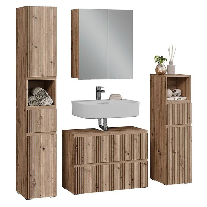 Vicco Badmöbel-Set Takumi Artisan 4 Teile - Gesamtbreite Badmöbel: 140 cm, Artisan-Eiche, Matt - Badezimmermöbel-Set in Holzoptik mit Rillenstruktur, bestehend aus Waschtischunterschrank mit Waschbecken, Spiegelschrank und zwei Hochschränken.