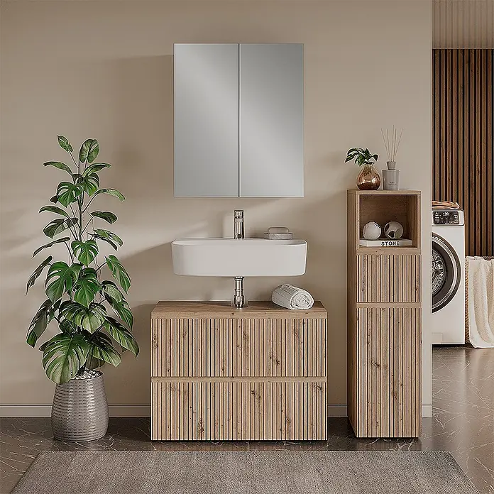 Vicco Badmöbel-Set Takumi Artisan 3 Teile - Gesamtbreite Badmöbel: 110 cm, Artisan-Eiche, Matt - Modernes Bad mit Waschtisch und Hochschrank aus Holzlamellen, weißem Waschbecken und Spiegelschrank.