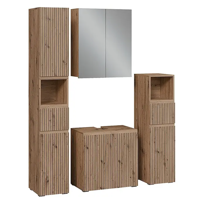 Vicco Badmöbel-Set Takumi Artisan 4 Teile - Gesamtbreite Badmöbel: 120 cm, Artisan-Eiche, Matt - Hellbraunes Badmöbel-Set aus Holz mit Lamellenfronten: zwei Hochschränke, Waschtischunterschrank und Spiegelschrank.