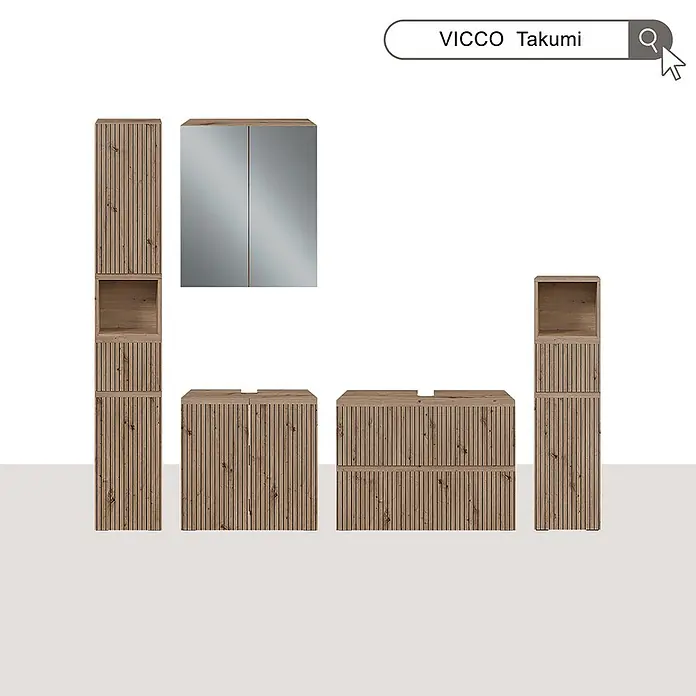 Vicco Badmöbel-Set Takumi Artisan 4 Teile - Gesamtbreite Badmöbel: 120 cm, Artisan-Eiche, Matt - VICCO Takumi Badmöbel-Set aus hellem Holz mit geriffelter Textur, bestehend aus Hochschränken, Waschtischunterschränken und Spiegelschrank.
