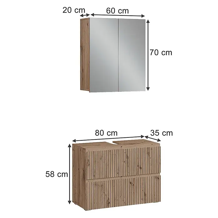 Vicco Badmöbel-Set Takumi Artisan 2 Teile - Artisan-Eiche, Matt - Badezimmermöbel-Set: Waschtischunterschrank mit geriffelten Schubladen und Spiegelschrank, in heller Holzoptik.