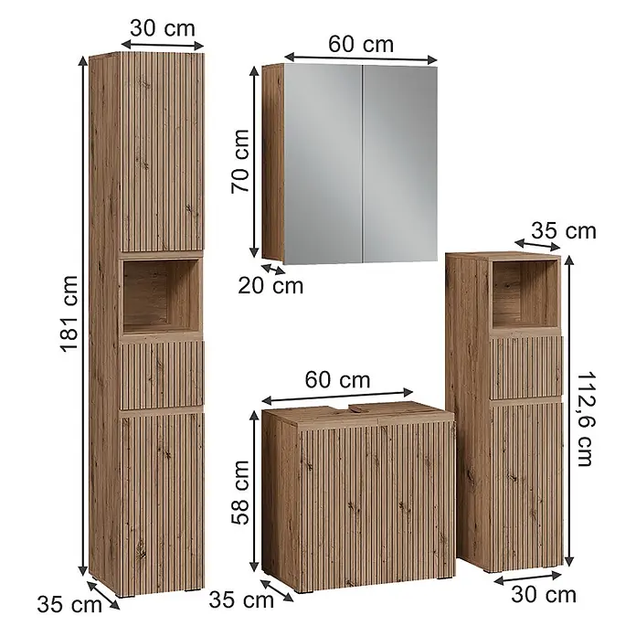 Vicco Badmöbel-Set Takumi Artisan 4 Teile - Gesamtbreite Badmöbel: 120 cm, Artisan-Eiche, Matt - Badmöbelset in heller Holzoptik mit Lamellenfronten, bestehend aus mehreren Schränken und einem Spiegelschrank.