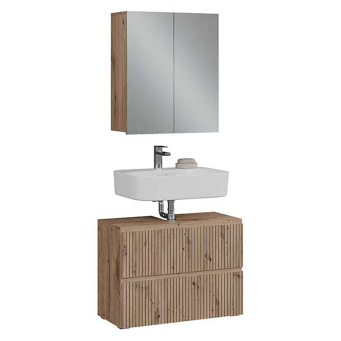 Vicco Badmöbel-Set Takumi Artisan 2 Teile - Artisan-Eiche, Matt - Badezimmer-Waschtischset aus Holz mit Spiegelschrank, weißem Keramikwaschbecken und Unterschrank mit Holzlamellenfronten.